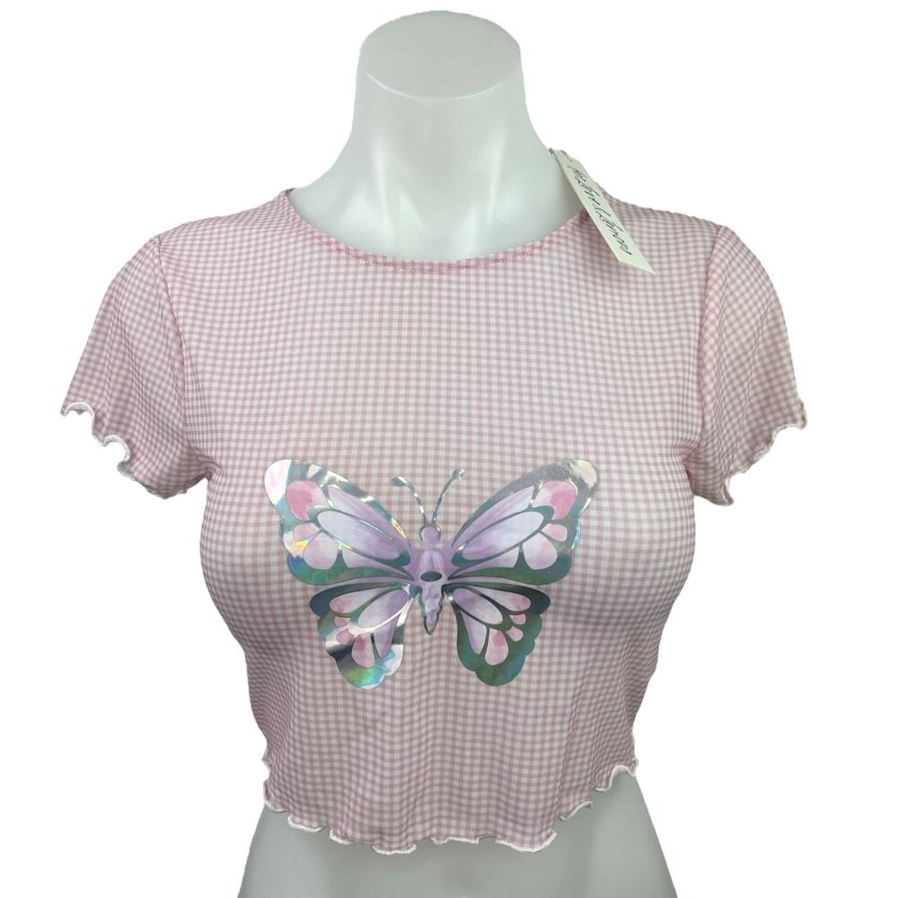 New For Love and Lemons Betsy Pink Butterfly Short Sleeve T-Shirt Crop Top Sz XS